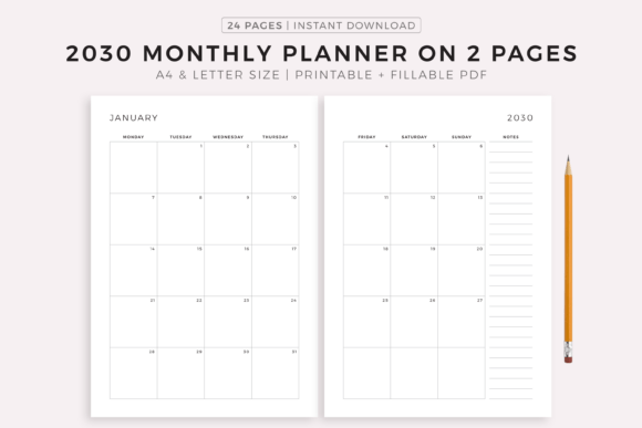 Download 2030 Monthly Planner on Two Pages - Planner Collection